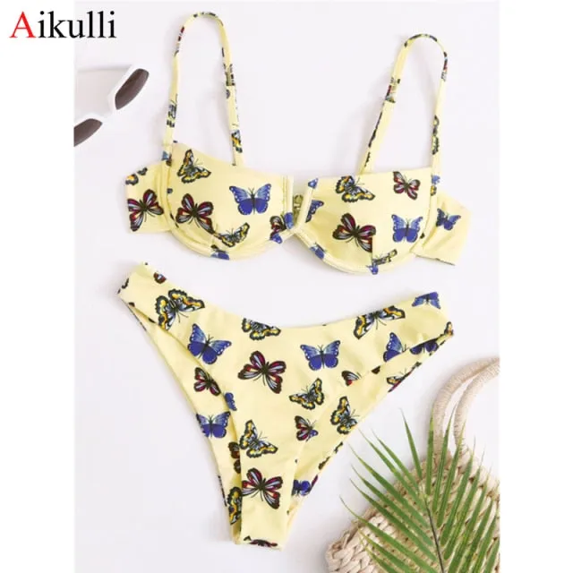 VenusFox Sexy V-bar Underwired Bikinis Floral Swimwear Women Swimsuit Female V-Neck Bikini Set Push Up Beach Wear Swim Bathing Suits