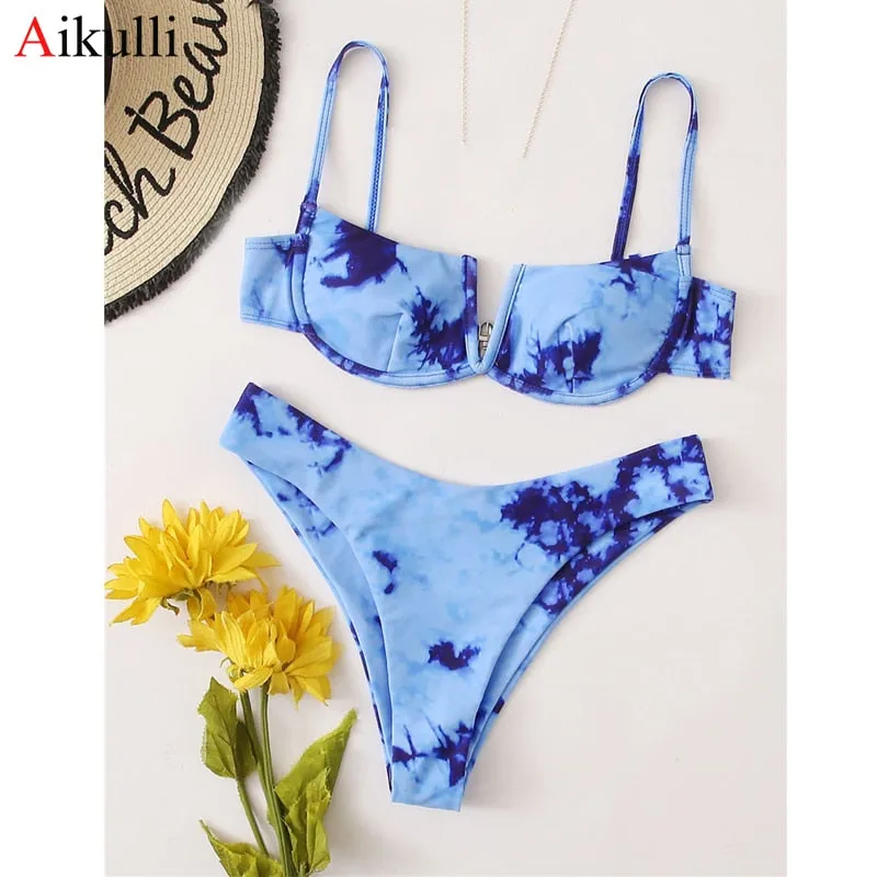 VenusFox Sexy V-bar Underwired Bikinis Floral Swimwear Women Swimsuit Female V-Neck Bikini Set Push Up Beach Wear Swim Bathing Suits