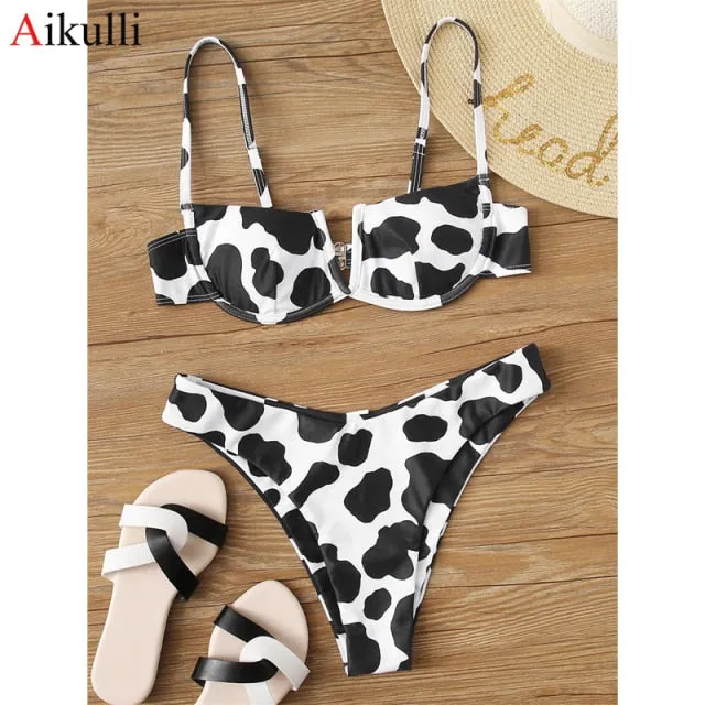 VenusFox Sexy V-bar Underwired Bikinis Floral Swimwear Women Swimsuit Female V-Neck Bikini Set Push Up Beach Wear Swim Bathing Suits