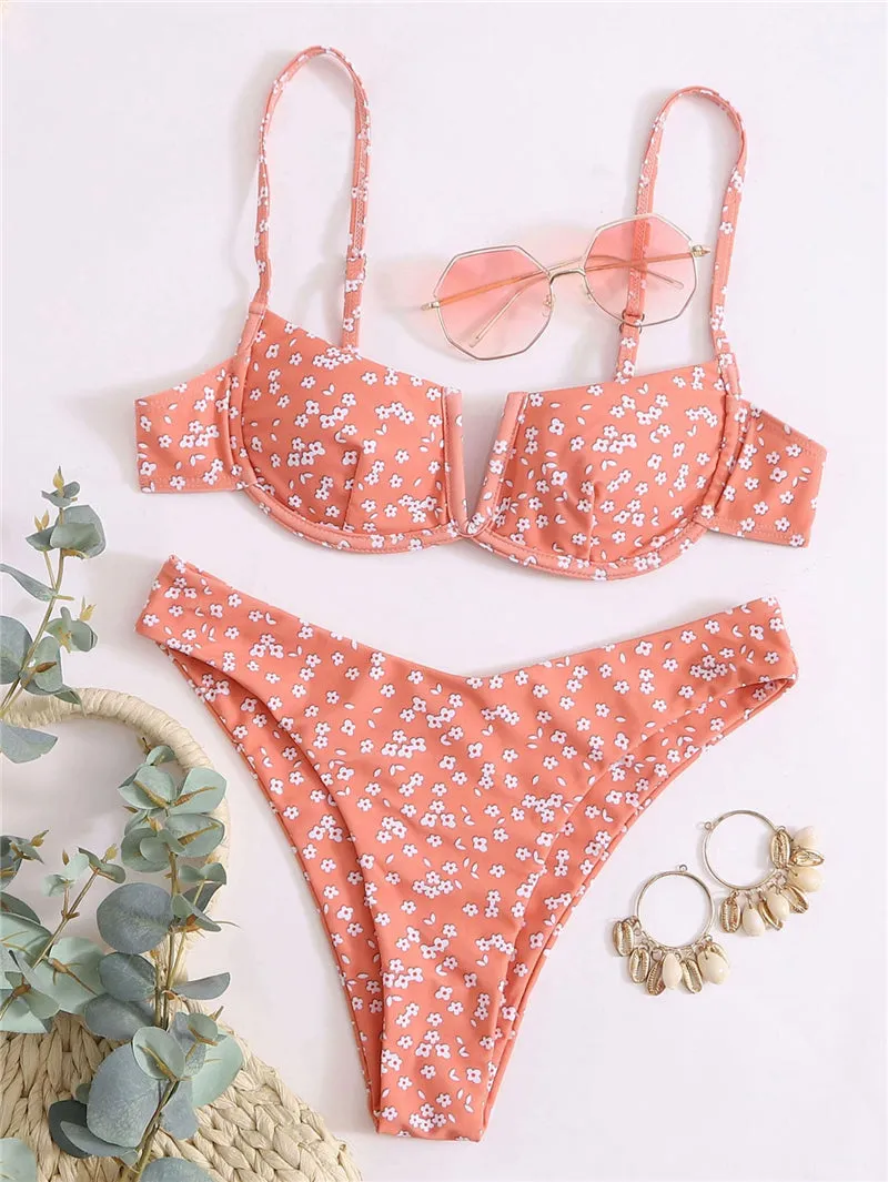 VenusFox Sexy V-bar Underwired Bikinis Floral Swimwear Women Swimsuit Female V-Neck Bikini Set Push Up Beach Wear Swim Bathing Suits