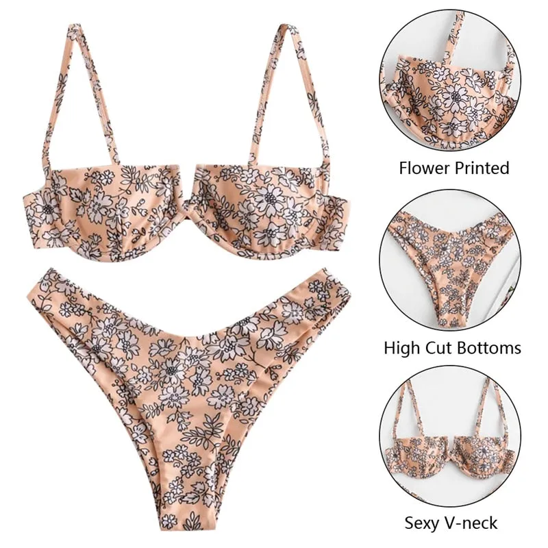 VenusFox Sexy V-bar Underwired Bikinis Floral Swimwear Women Swimsuit Female V-Neck Bikini Set Push Up Beach Wear Swim Bathing Suits