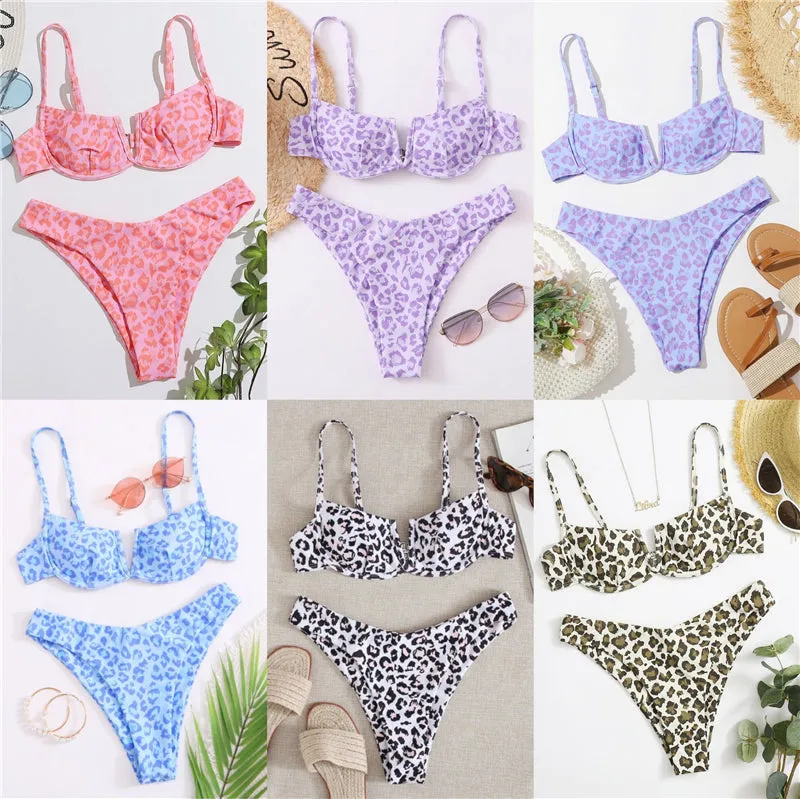 VenusFox Sexy V-bar Underwired Bikinis Floral Swimwear Women Swimsuit Female V-Neck Bikini Set Push Up Beach Wear Swim Bathing Suits