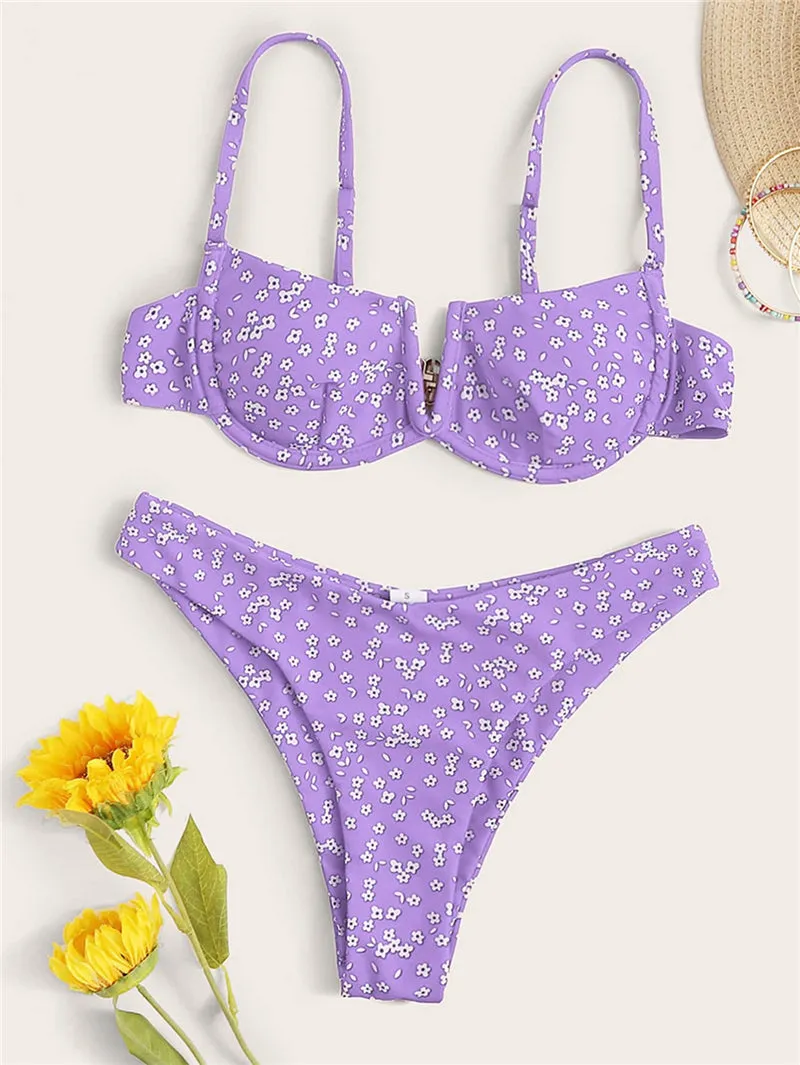 VenusFox Sexy V-bar Underwired Bikinis Floral Swimwear Women Swimsuit Female V-Neck Bikini Set Push Up Beach Wear Swim Bathing Suits