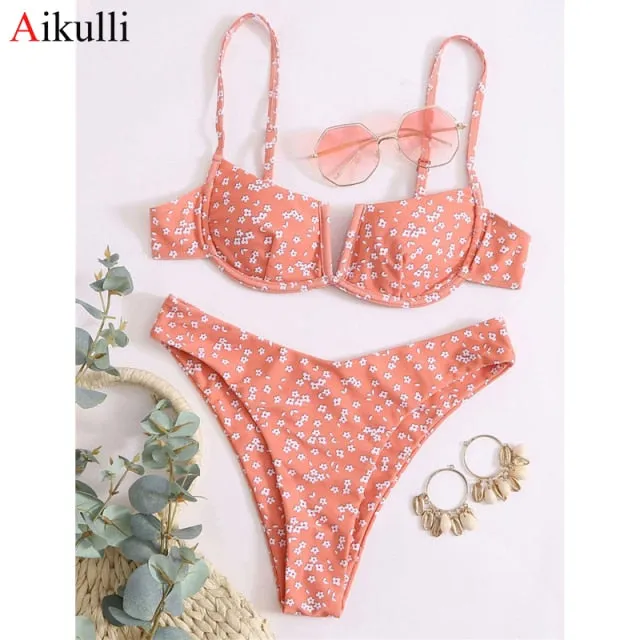 VenusFox Sexy V-bar Underwired Bikinis Floral Swimwear Women Swimsuit Female V-Neck Bikini Set Push Up Beach Wear Swim Bathing Suits