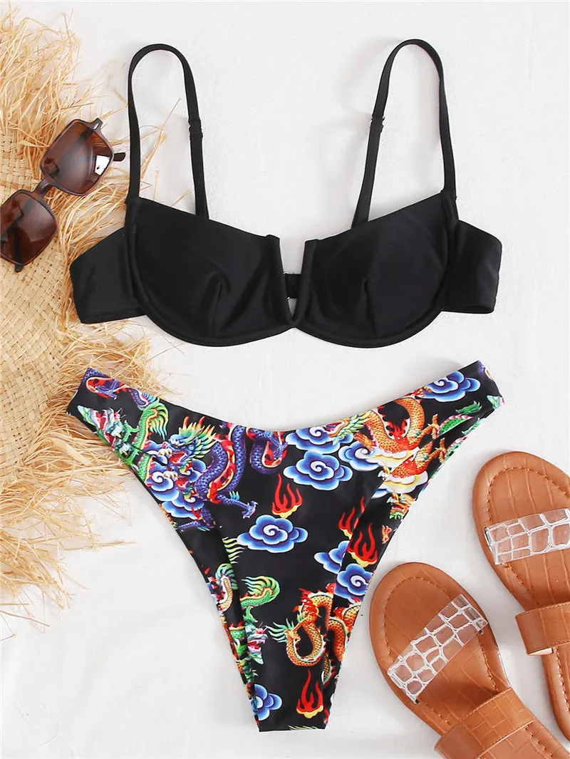 VenusFox Sexy V-bar Underwired Bikinis Floral Swimwear Women Swimsuit Female V-Neck Bikini Set Push Up Beach Wear Swim Bathing Suits