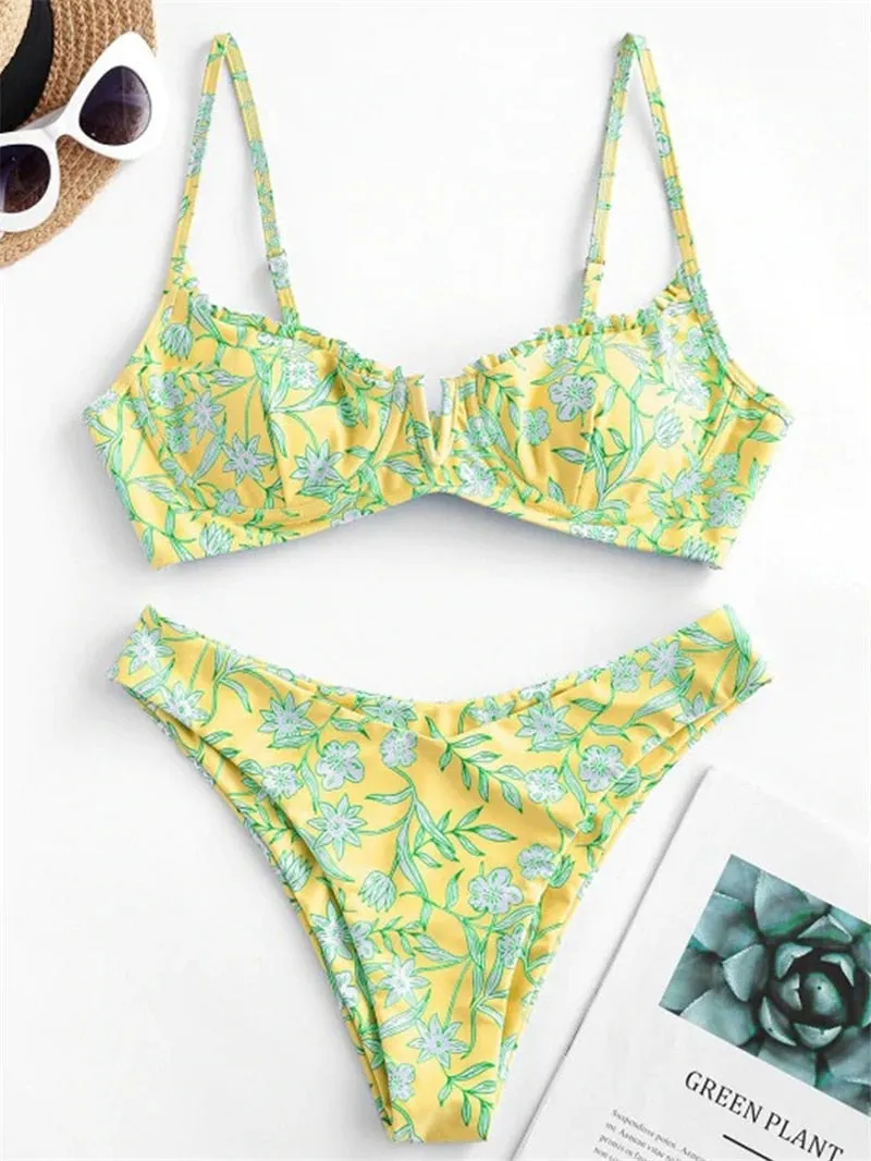 VenusFox Sexy V-bar Underwired Bikinis Floral Swimwear Women Swimsuit Female V-Neck Bikini Set Push Up Beach Wear Swim Bathing Suits