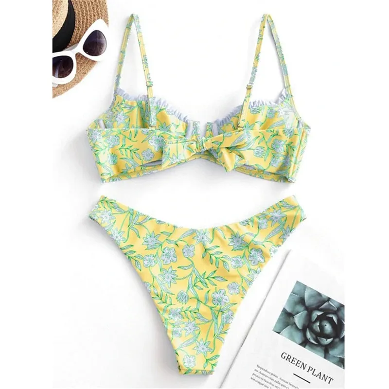 VenusFox Sexy V-bar Underwired Bikinis Floral Swimwear Women Swimsuit Female V-Neck Bikini Set Push Up Beach Wear Swim Bathing Suits