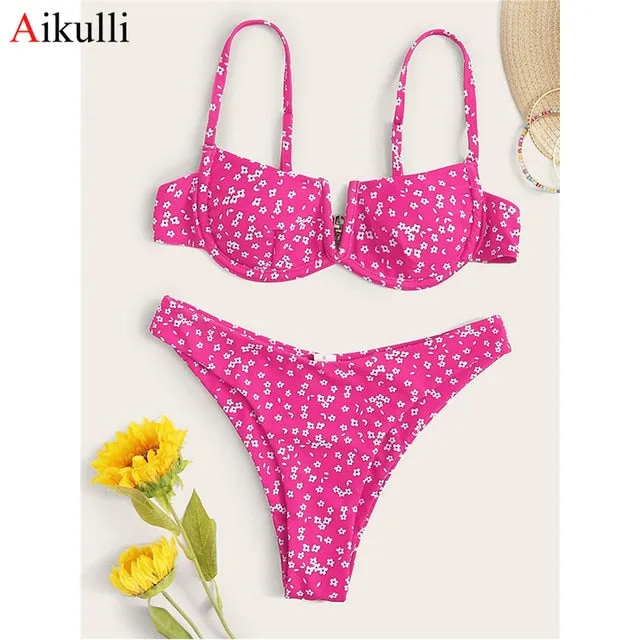 VenusFox Sexy V-bar Underwired Bikinis Floral Swimwear Women Swimsuit Female V-Neck Bikini Set Push Up Beach Wear Swim Bathing Suits