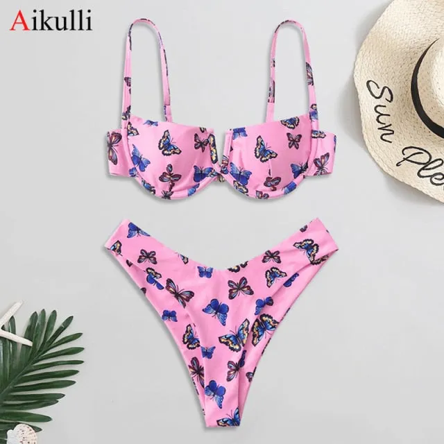 VenusFox Sexy V-bar Underwired Bikinis Floral Swimwear Women Swimsuit Female V-Neck Bikini Set Push Up Beach Wear Swim Bathing Suits