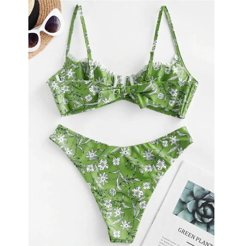 VenusFox Sexy V-bar Underwired Bikinis Floral Swimwear Women Swimsuit Female V-Neck Bikini Set Push Up Beach Wear Swim Bathing Suits