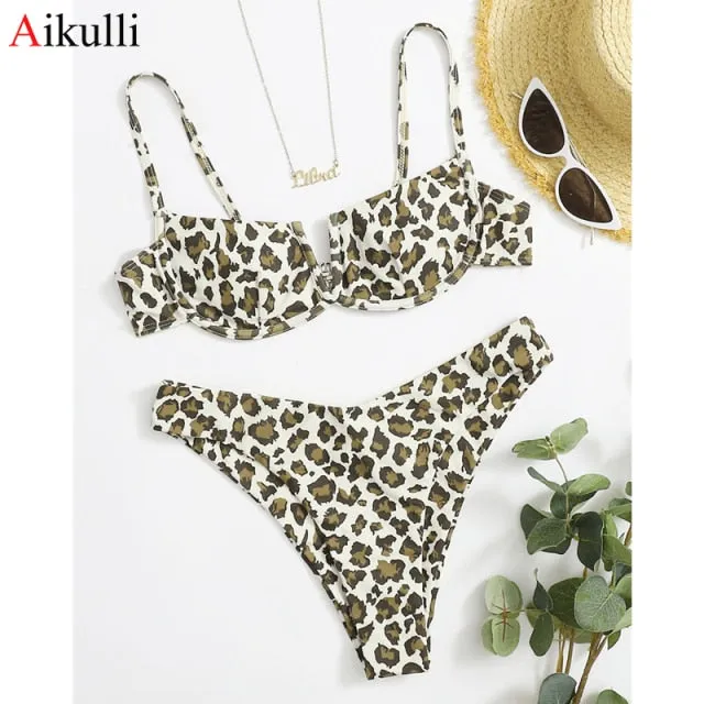 VenusFox Sexy V-bar Underwired Bikinis Floral Swimwear Women Swimsuit Female V-Neck Bikini Set Push Up Beach Wear Swim Bathing Suits