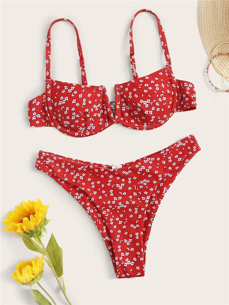 VenusFox Sexy V-bar Underwired Bikinis Floral Swimwear Women Swimsuit Female V-Neck Bikini Set Push Up Beach Wear Swim Bathing Suits