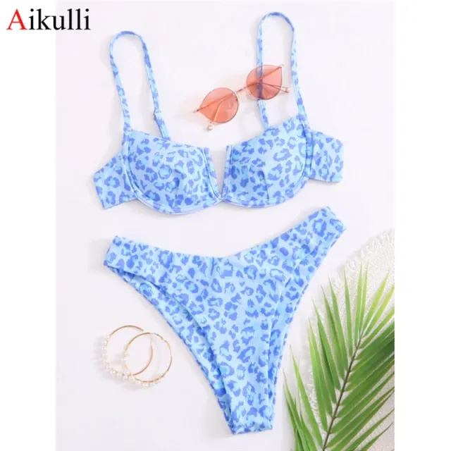 VenusFox Sexy V-bar Underwired Bikinis Floral Swimwear Women Swimsuit Female V-Neck Bikini Set Push Up Beach Wear Swim Bathing Suits