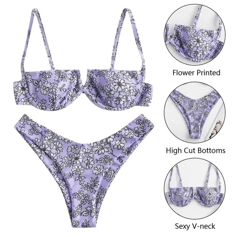 VenusFox Sexy V-bar Underwired Bikinis Floral Swimwear Women Swimsuit Female V-Neck Bikini Set Push Up Beach Wear Swim Bathing Suits