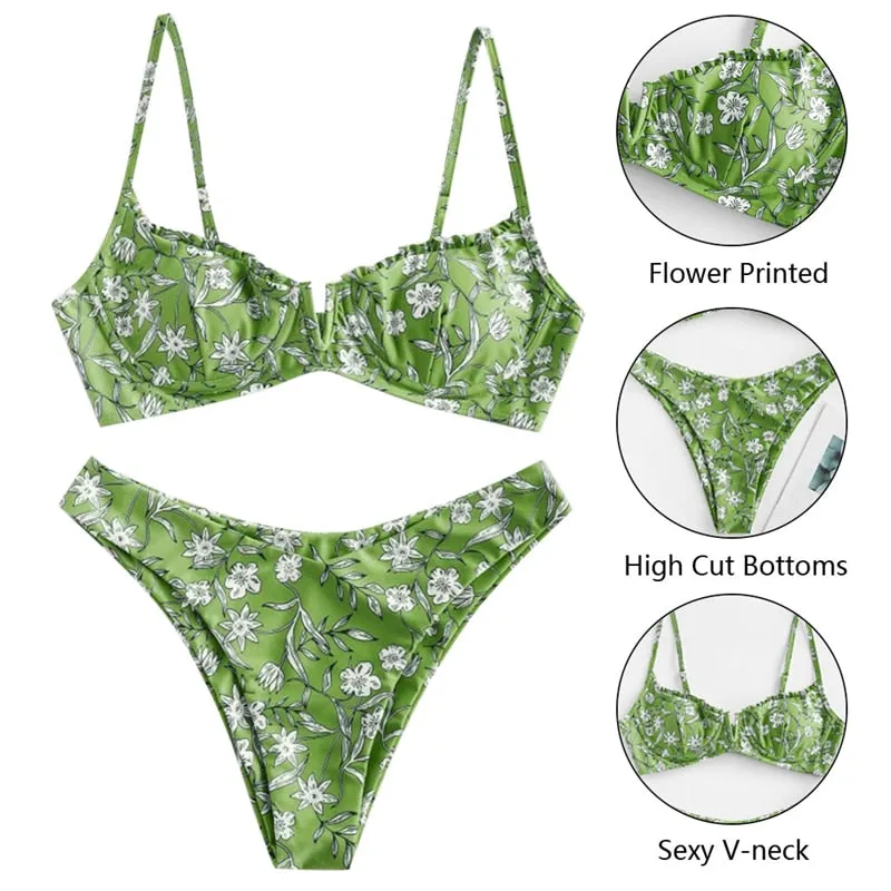 VenusFox Sexy V-bar Underwired Bikinis Floral Swimwear Women Swimsuit Female V-Neck Bikini Set Push Up Beach Wear Swim Bathing Suits