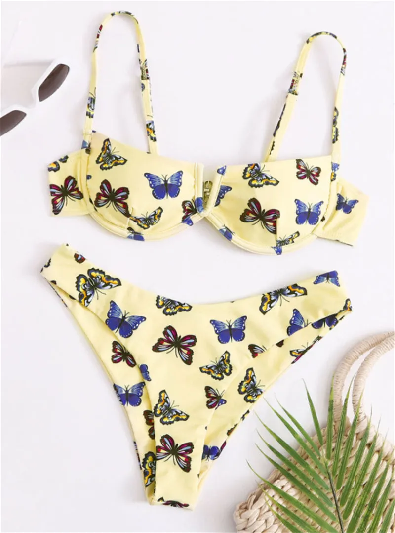 VenusFox Sexy V-bar Underwired Bikinis Floral Swimwear Women Swimsuit Female V-Neck Bikini Set Push Up Beach Wear Swim Bathing Suits