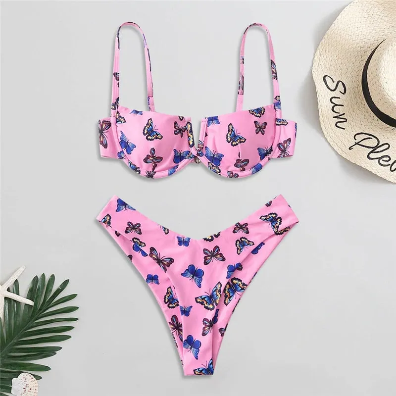 VenusFox Sexy V-bar Underwired Bikinis Floral Swimwear Women Swimsuit Female V-Neck Bikini Set Push Up Beach Wear Swim Bathing Suits