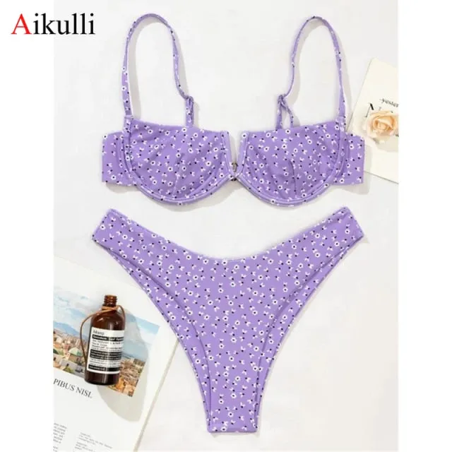 VenusFox Sexy V-bar Underwired Bikinis Floral Swimwear Women Swimsuit Female V-Neck Bikini Set Push Up Beach Wear Swim Bathing Suits