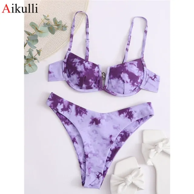 VenusFox Sexy V-bar Underwired Bikinis Floral Swimwear Women Swimsuit Female V-Neck Bikini Set Push Up Beach Wear Swim Bathing Suits