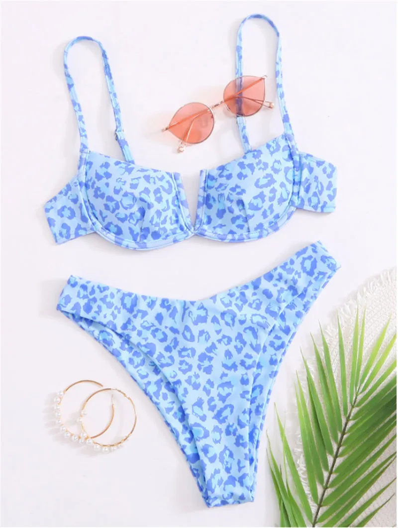 VenusFox Sexy V-bar Underwired Bikinis Floral Swimwear Women Swimsuit Female V-Neck Bikini Set Push Up Beach Wear Swim Bathing Suits