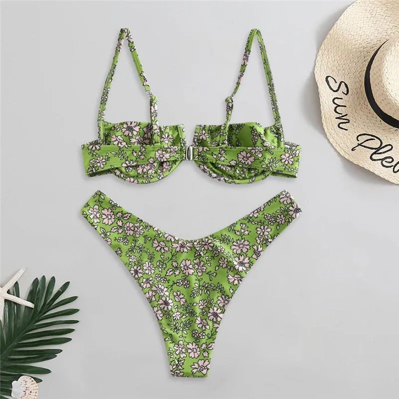 VenusFox Sexy V-bar Underwired Bikinis Floral Swimwear Women Swimsuit Female V-Neck Bikini Set Push Up Beach Wear Swim Bathing Suits