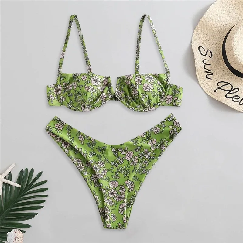 VenusFox Sexy V-bar Underwired Bikinis Floral Swimwear Women Swimsuit Female V-Neck Bikini Set Push Up Beach Wear Swim Bathing Suits