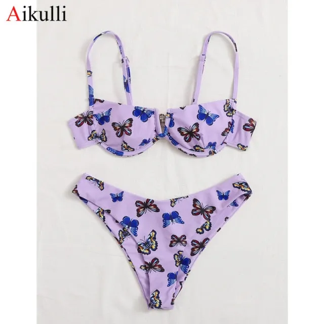 VenusFox Sexy V-bar Underwired Bikinis Floral Swimwear Women Swimsuit Female V-Neck Bikini Set Push Up Beach Wear Swim Bathing Suits