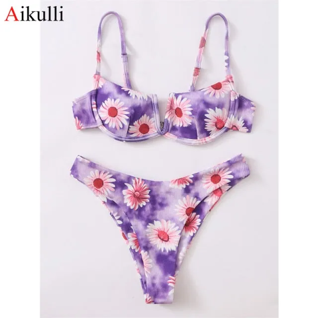 VenusFox Sexy V-bar Underwired Bikinis Floral Swimwear Women Swimsuit Female V-Neck Bikini Set Push Up Beach Wear Swim Bathing Suits