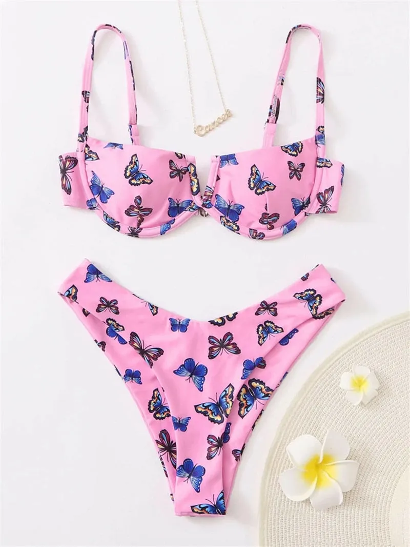 VenusFox Sexy V-bar Underwired Bikinis Floral Swimwear Women Swimsuit Female V-Neck Bikini Set Push Up Beach Wear Swim Bathing Suits