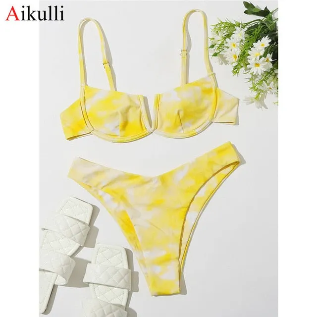 VenusFox Sexy V-bar Underwired Bikinis Floral Swimwear Women Swimsuit Female V-Neck Bikini Set Push Up Beach Wear Swim Bathing Suits