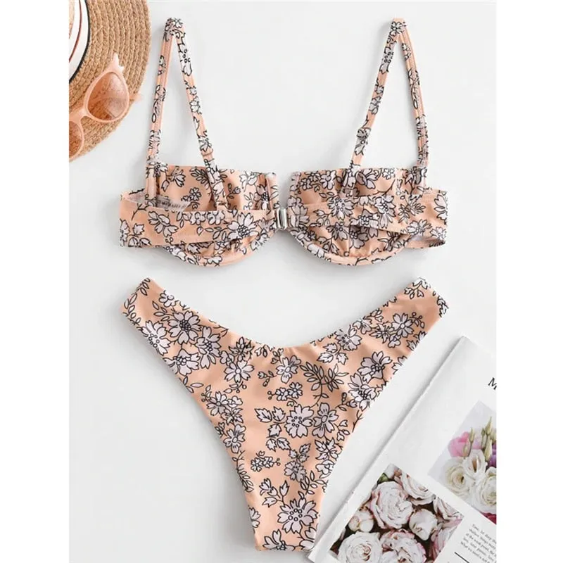 VenusFox Sexy V-bar Underwired Bikinis Floral Swimwear Women Swimsuit Female V-Neck Bikini Set Push Up Beach Wear Swim Bathing Suits