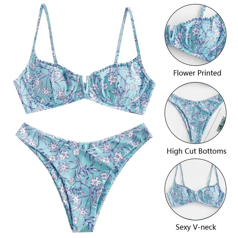 VenusFox Sexy V-bar Underwired Bikinis Floral Swimwear Women Swimsuit Female V-Neck Bikini Set Push Up Beach Wear Swim Bathing Suits