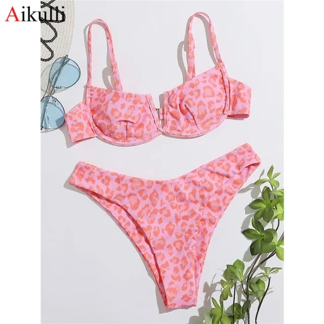 VenusFox Sexy V-bar Underwired Bikinis Floral Swimwear Women Swimsuit Female V-Neck Bikini Set Push Up Beach Wear Swim Bathing Suits