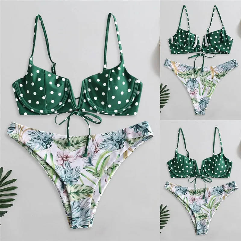 VenusFox Sexy V-bar Underwired Bikinis Floral Swimwear Women Swimsuit Female V-Neck Bikini Set Push Up Beach Wear Swim Bathing Suits