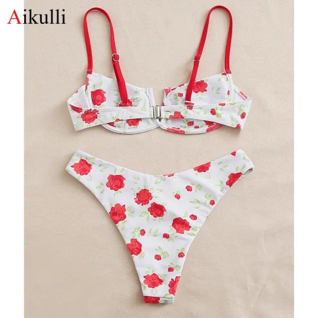 VenusFox Sexy V-bar Underwired Bikinis Floral Swimwear Women Swimsuit Female V-Neck Bikini Set Push Up Beach Wear Swim Bathing Suits