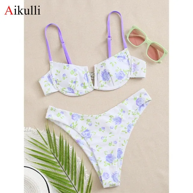 VenusFox Sexy V-bar Underwired Bikinis Floral Swimwear Women Swimsuit Female V-Neck Bikini Set Push Up Beach Wear Swim Bathing Suits