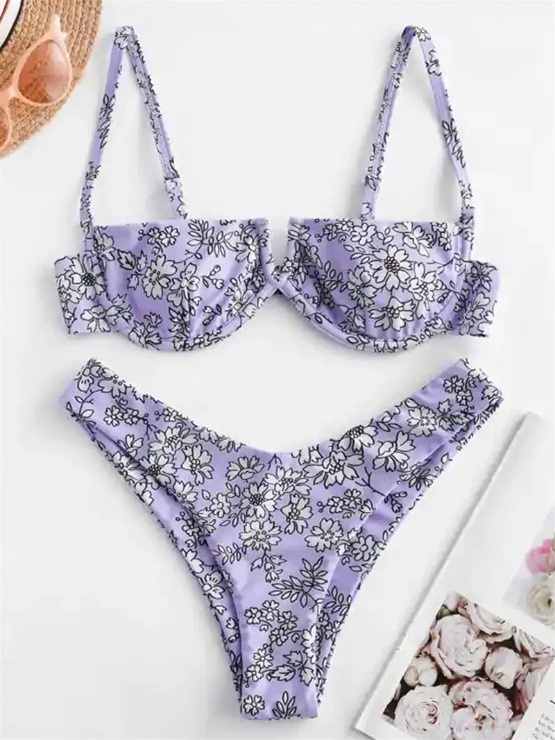 VenusFox Sexy V-bar Underwired Bikinis Floral Swimwear Women Swimsuit Female V-Neck Bikini Set Push Up Beach Wear Swim Bathing Suits