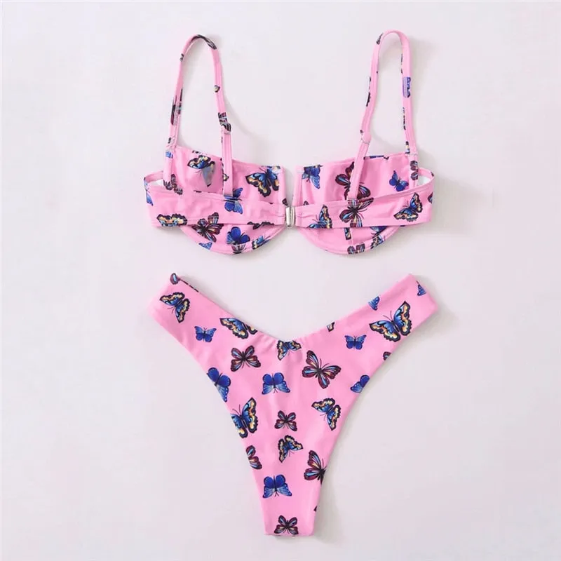 VenusFox Sexy V-bar Underwired Bikinis Floral Swimwear Women Swimsuit Female V-Neck Bikini Set Push Up Beach Wear Swim Bathing Suits