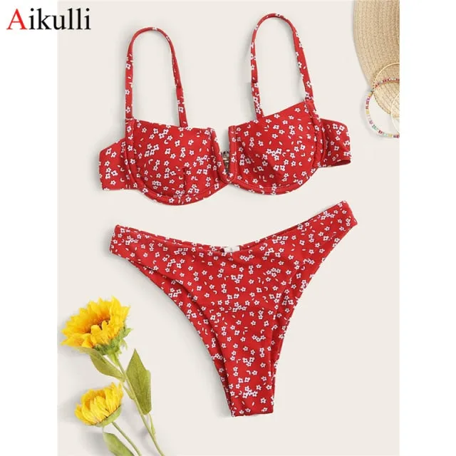 VenusFox Sexy V-bar Underwired Bikinis Floral Swimwear Women Swimsuit Female V-Neck Bikini Set Push Up Beach Wear Swim Bathing Suits