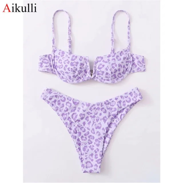 VenusFox Sexy V-bar Underwired Bikinis Floral Swimwear Women Swimsuit Female V-Neck Bikini Set Push Up Beach Wear Swim Bathing Suits