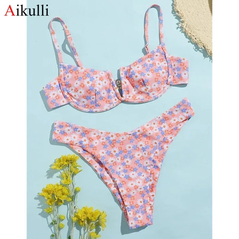 VenusFox Sexy V-bar Underwired Bikinis Floral Swimwear Women Swimsuit Female V-Neck Bikini Set Push Up Beach Wear Swim Bathing Suits