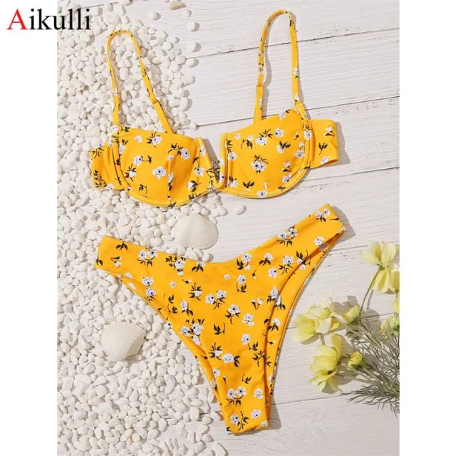 VenusFox Sexy V-bar Underwired Bikinis Floral Swimwear Women Swimsuit Female V-Neck Bikini Set Push Up Beach Wear Swim Bathing Suits