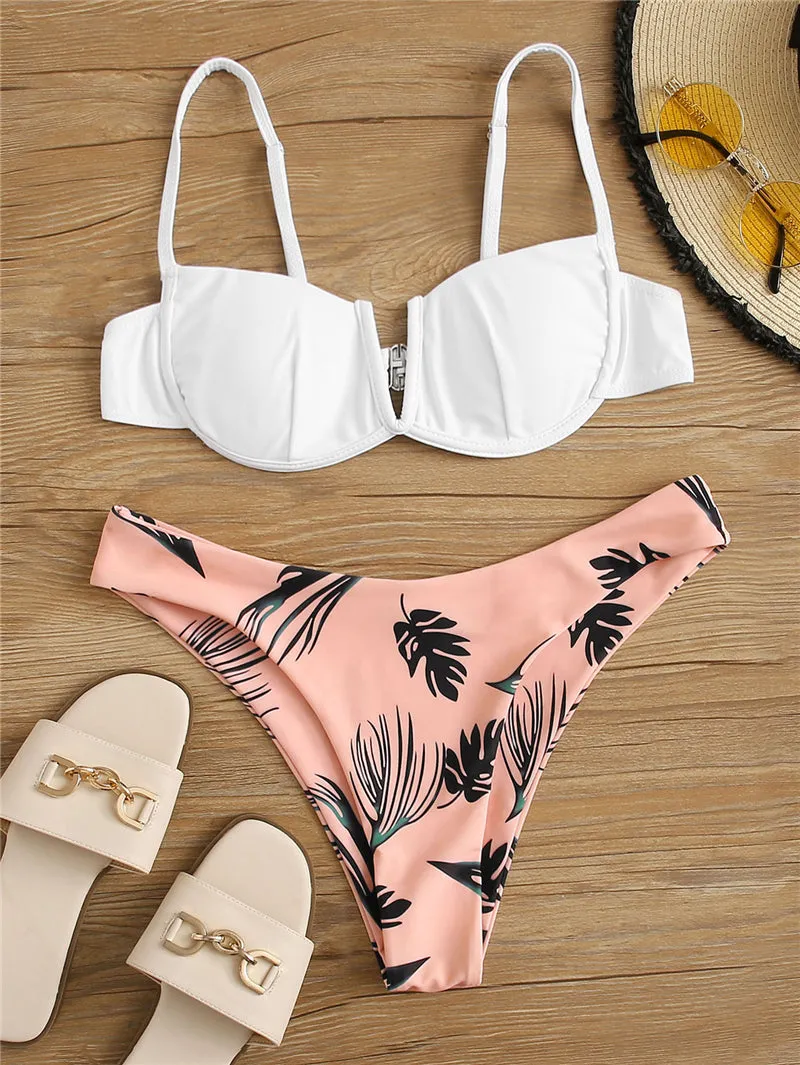 VenusFox Sexy V-bar Underwired Bikinis Floral Swimwear Women Swimsuit Female V-Neck Bikini Set Push Up Beach Wear Swim Bathing Suits