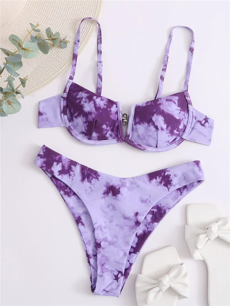 VenusFox Sexy V-bar Underwired Bikinis Floral Swimwear Women Swimsuit Female V-Neck Bikini Set Push Up Beach Wear Swim Bathing Suits