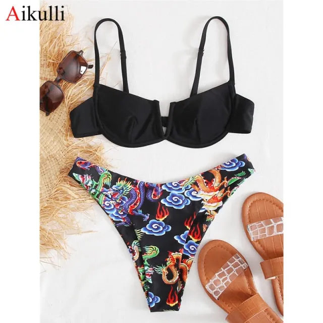 VenusFox Sexy V-bar Underwired Bikinis Floral Swimwear Women Swimsuit Female V-Neck Bikini Set Push Up Beach Wear Swim Bathing Suits