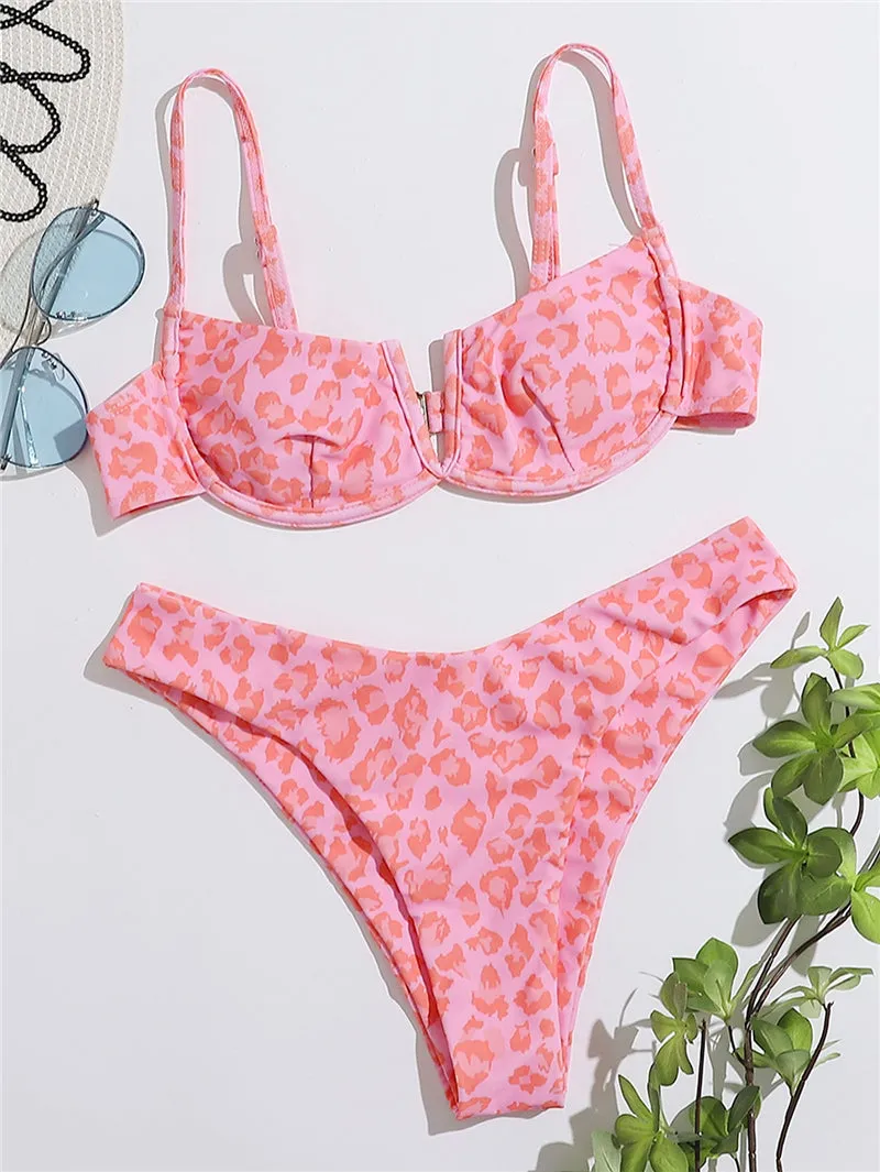 VenusFox Sexy V-bar Underwired Bikinis Floral Swimwear Women Swimsuit Female V-Neck Bikini Set Push Up Beach Wear Swim Bathing Suits