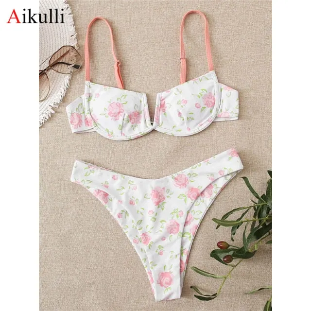 VenusFox Sexy V-bar Underwired Bikinis Floral Swimwear Women Swimsuit Female V-Neck Bikini Set Push Up Beach Wear Swim Bathing Suits