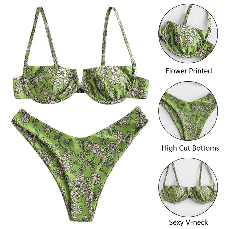 VenusFox Sexy V-bar Underwired Bikinis Floral Swimwear Women Swimsuit Female V-Neck Bikini Set Push Up Beach Wear Swim Bathing Suits