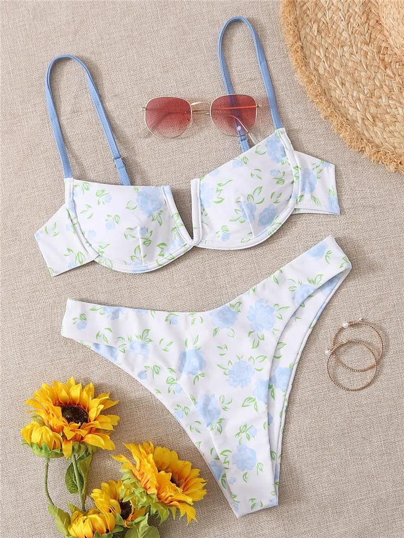 VenusFox Sexy V-bar Underwired Bikinis Floral Swimwear Women Swimsuit Female V-Neck Bikini Set Push Up Beach Wear Swim Bathing Suits