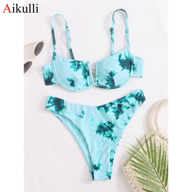 VenusFox Sexy V-bar Underwired Bikinis Floral Swimwear Women Swimsuit Female V-Neck Bikini Set Push Up Beach Wear Swim Bathing Suits